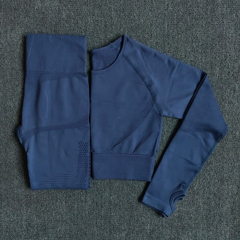 Bezšuvju Sieviešu Jogas Komplekts Sporta Apģērbs Fitnesa Apģērbs Dobs Apgriezts krekls ar augstu vidukli Sporta zāles legingi Sporta tērps