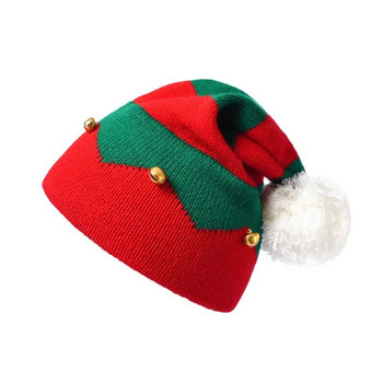 Детска коледна плетена шапка на елф с малки камбанки, контрастен цвят, вълнообразни ивици, Коледна топла плетена шапка, бебешки неща