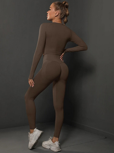 Спортен йога комплект Дамско спортно облекло за тренировка с висока талия Фитнес облекло Анцуг за бягане във фитнес зала Еластичен тънък костюм Плътен тънък комплект 2 бр.