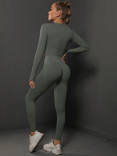 Спортен йога комплект Дамско спортно облекло за тренировка с висока талия Фитнес облекло Анцуг за бягане във фитнес зала Еластичен тънък костюм Плътен тънък комплект 2 бр.