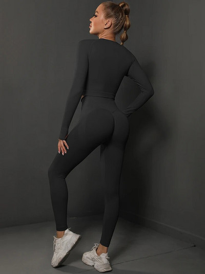 Спортен йога комплект Дамско спортно облекло за тренировка с висока талия Фитнес облекло Анцуг за бягане във фитнес зала Еластичен тънък костюм Плътен тънък комплект 2 бр.