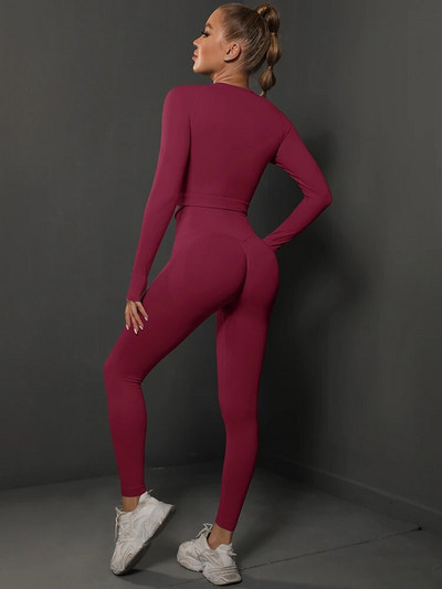 Спортен йога комплект Дамско спортно облекло за тренировка с висока талия Фитнес облекло Анцуг за бягане във фитнес зала Еластичен тънък костюм Плътен тънък комплект 2 бр.