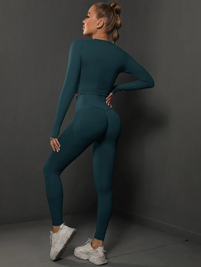 Спортен йога комплект Дамско спортно облекло за тренировка с висока талия Фитнес облекло Анцуг за бягане във фитнес зала Еластичен тънък костюм Плътен тънък комплект 2 бр.