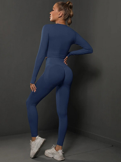 Спортен йога комплект Дамско спортно облекло за тренировка с висока талия Фитнес облекло Анцуг за бягане във фитнес зала Еластичен тънък костюм Плътен тънък комплект 2 бр.