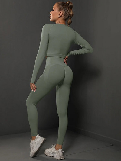 Спортен йога комплект Дамско спортно облекло за тренировка с висока талия Фитнес облекло Анцуг за бягане във фитнес зала Еластичен тънък костюм Плътен тънък комплект 2 бр.