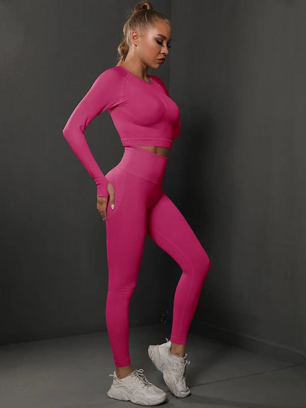 Спортен йога комплект Дамско спортно облекло за тренировка с висока талия Фитнес облекло Анцуг за бягане във фитнес зала Еластичен тънък костюм Плътен тънък комплект 2 бр.