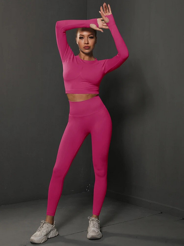 Спортен йога комплект Дамско спортно облекло за тренировка с висока талия Фитнес облекло Анцуг за бягане във фитнес зала Еластичен тънък костюм Плътен тънък комплект 2 бр.