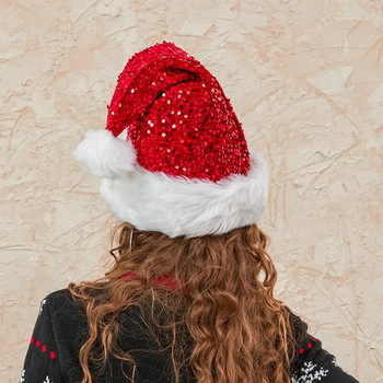 Коледна шапка с пайети за възрастни Едноцветна блестяща шапка на Дядо Коледа с панделка Коледен домашен декор