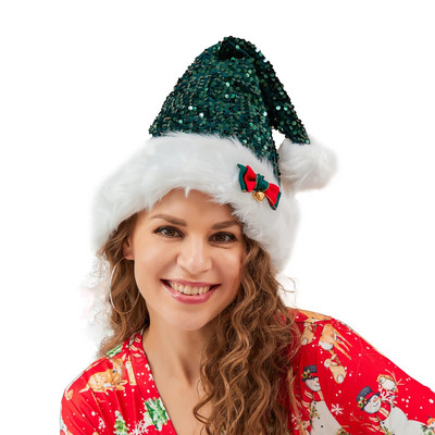 Karácsonyi flitteres sapka felnőtteknek egyszínű, csillogó Mikulás sapka masniparti karácsonyi lakberendezéssel