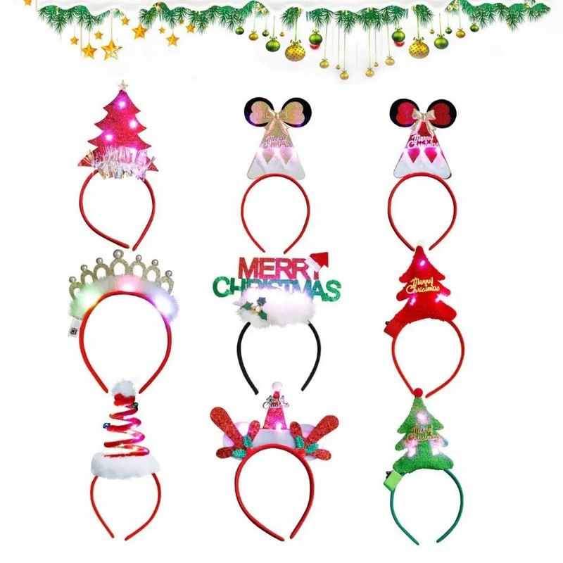 1 gab. mirdzoša Ziemassvētku eglītes galvassega Priecīgus Ziemassvētkus LED matu lentes festivāla ballīte multfilma Pūkaini matu lentes Jaungada galvassegas