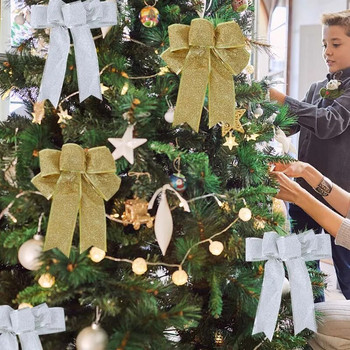 Направи си сам Коледна елха Висящ орнамент Блестящ златен/червен лък Панделка Занаяти Нова година 2024 Navidad Natal Noel Подаръчна кутия Декорация на венец