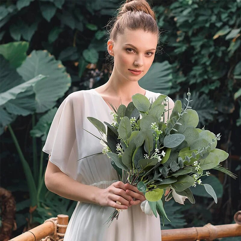 10 kom 12” Lišće eukaliptusa Svežanj Grana Umjetne plastične biljke Lišće Zelene stabljike Vjenčanje Lažno lažno cvijeće Torta DIY Dekor