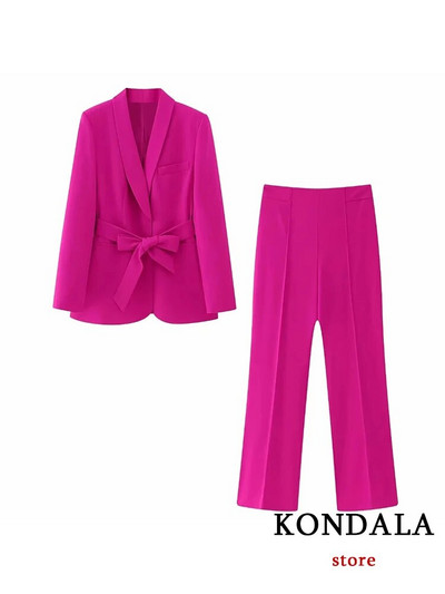 KONDALA Office Lady Bijeli blejzer odijela Ženski sako dugih rukava s V izrezom i pojasom + visoki struk širokih nogavica, modni kompleti dugih hlača 2023.