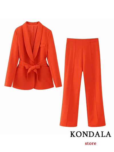 KONDALA Office Lady Bijeli blejzer odijela Ženski sako dugih rukava s V izrezom i pojasom + visoki struk širokih nogavica, modni kompleti dugih hlača 2023.