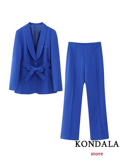 KONDALA Office Lady Bijeli blejzer odijela Ženski sako dugih rukava s V izrezom i pojasom + visoki struk širokih nogavica, modni kompleti dugih hlača 2023.