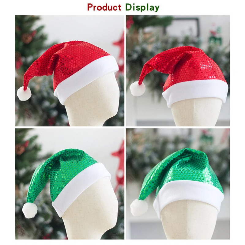 Mirdzošas vizulis Ziemassvētku cepures Samta Ziemassvētku rotājumi pieaugušajiem un bērniem Ziemassvētku festivāla svētku ballītei