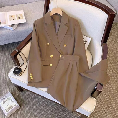 Elegáns irodai női blézer öltöny, fém gombos hosszú ujjú kabát, magas derekú, egyenes nadrág szett 2023 tavaszi elegáns női 2 részes szettek