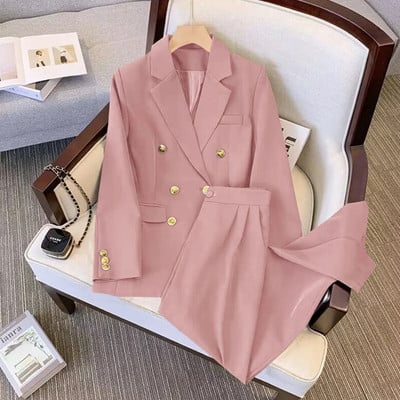 Elegáns irodai női blézer öltöny, fém gombos hosszú ujjú kabát, magas derekú, egyenes nadrág szett 2023 tavaszi elegáns női 2 részes szettek