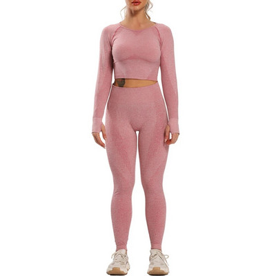 Bezšuvju jogas komplekts Fitness Sieviešu treniņš Sporta apģērbs Sporta zāle Apģērbs Sporta legingi Jogas krekli ar garām piedurknēm Crop Top sporta tērpi