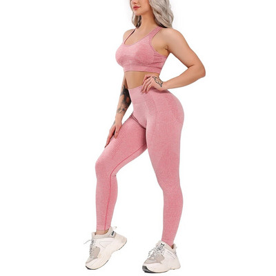 Bezšuvju jogas komplekts Fitness Sieviešu treniņš Sporta apģērbs Sporta zāle Apģērbs Sporta legingi Jogas krekli ar garām piedurknēm Crop Top sporta tērpi