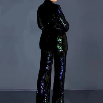 Модни едноцветни дамски комплекти от 2 части Блейзър Костюми с панталон Пролет 2023 г. Блейзър палто с дълъг ръкав и пайети Дамски широки панталони с висока талия