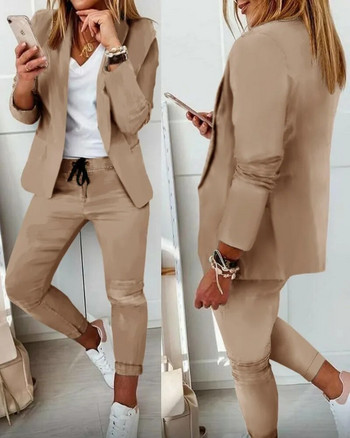 Γυναικείο κοστούμι 2 τεμαχίων σακάκι + παντελόνι σετ 2023 Άνοιξη φθινόπωρο Νέα μόδα casual γυριστός γιακάς μακρυμάνικο μπλέιζερ σετ γραφείου Lady