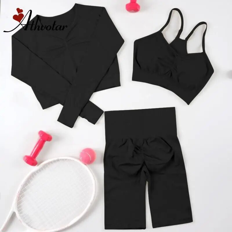 3-dijelna odijela za fitnes Sportska odjeća za žene Bešavna odjeća za vježbanje u teretani Top za jogu Push up tajice Aktivna odjeća Komplet za teretanu