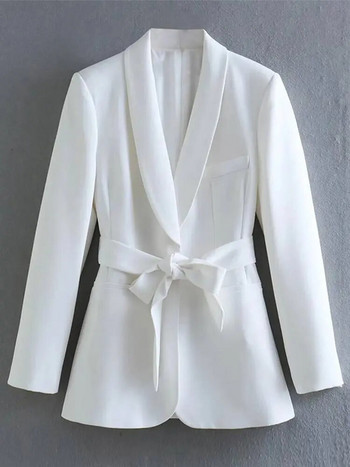 Γυναικείο κοστούμι μονόχρωμο σακάκι με ζώνη Vintage μακρυμάνικο σακάκι 2 τεμαχίων 2023 Άνοιξη Chic Γυναικείο Λευκό παντελόνι
