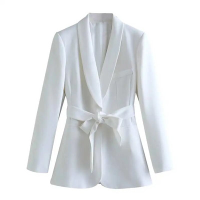 Modni jednobojni sako s remenom, ženski vintage sako s reverima, set od 2 komada, 2023. Proljetni šik uredski ženski bijeli odijela s hlačama