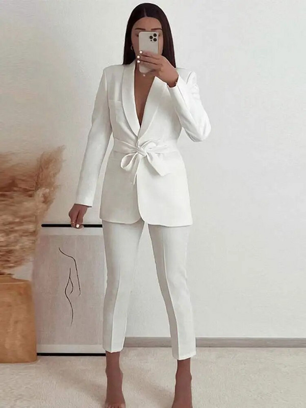 Modni jednobojni sako s remenom, ženski vintage sako s reverima, set od 2 komada, 2023. Proljetni šik uredski ženski bijeli odijela s hlačama