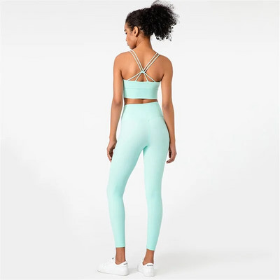 Vienspalvis Minkštas Aukštos kokybės Tight Cross Sport Liemenėlė Top Yoga Legging Dviejų dalių kostiumas Sporto salė Moterų kūno rengybos jogos rinkinys Treniruočių apranga