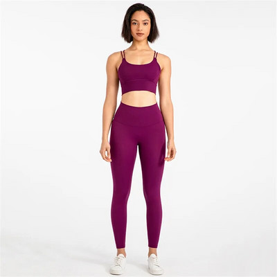 Vienspalvis Minkštas Aukštos kokybės Tight Cross Sport Liemenėlė Top Yoga Legging Dviejų dalių kostiumas Sporto salė Moterų kūno rengybos jogos rinkinys Treniruočių apranga