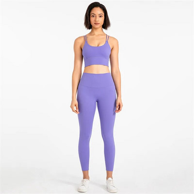 Vienspalvis Minkštas Aukštos kokybės Tight Cross Sport Liemenėlė Top Yoga Legging Dviejų dalių kostiumas Sporto salė Moterų kūno rengybos jogos rinkinys Treniruočių apranga