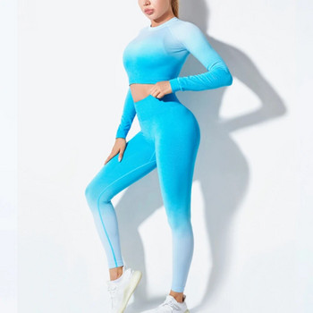Ombre безшевни дамски комплекти за йога Спортни костюми Фитнес облекло Дрехи за бягане Дамски клинове с дълъг ръкав Фитнес комплект Облекло за тренировки