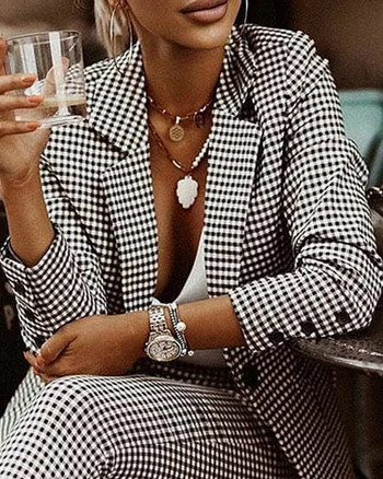 Καρό στάμπα γιακά ζιβάγκο & παντελόνι Γυναικείο Σετ 2τμχ Κοστούμι Παντελόνι Κοστούμια Άνοιξη Φθινόπωρο Μόδα Casual