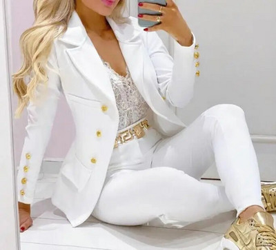 Kockás nyomtatott hajtóka gallér blézer és nadrág szett női 2db ruhák öltöny nadrág öltönyök tavaszi őszi divat alkalmi