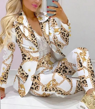 Kockás nyomtatott hajtóka gallér blézer és nadrág szett női 2db ruhák öltöny nadrág öltönyök tavaszi őszi divat alkalmi