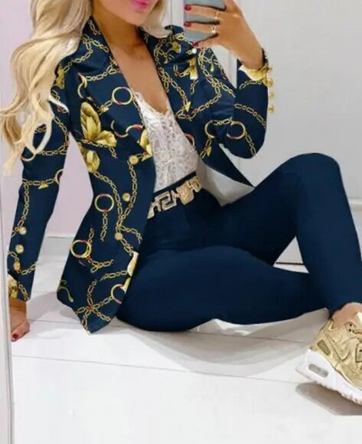 Kockás nyomtatott hajtóka gallér blézer és nadrág szett női 2db ruhák öltöny nadrág öltönyök tavaszi őszi divat alkalmi