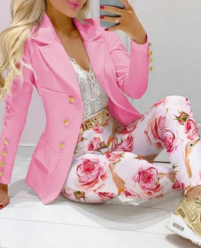 Kockás nyomtatott hajtóka gallér blézer és nadrág szett női 2db ruhák öltöny nadrág öltönyök tavaszi őszi divat alkalmi