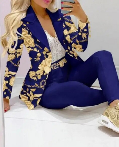 Kockás nyomtatott hajtóka gallér blézer és nadrág szett női 2db ruhák öltöny nadrág öltönyök tavaszi őszi divat alkalmi