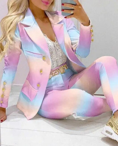 Kockás nyomtatott hajtóka gallér blézer és nadrág szett női 2db ruhák öltöny nadrág öltönyök tavaszi őszi divat alkalmi