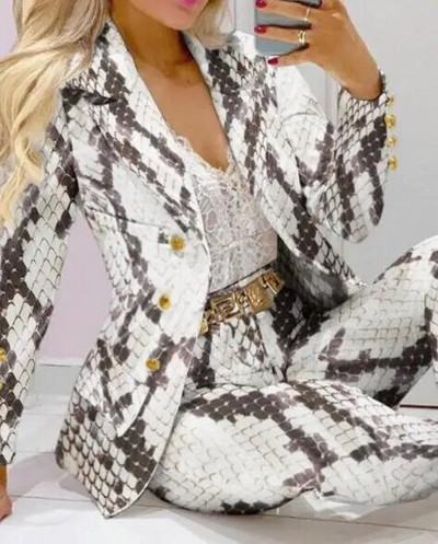 Kockás nyomtatott hajtóka gallér blézer és nadrág szett női 2db ruhák öltöny nadrág öltönyök tavaszi őszi divat alkalmi