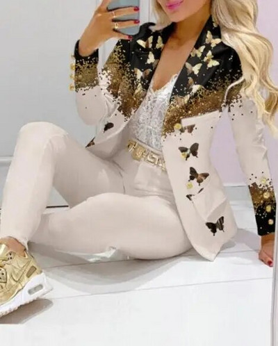 Kockás nyomtatott hajtóka gallér blézer és nadrág szett női 2db ruhák öltöny nadrág öltönyök tavaszi őszi divat alkalmi