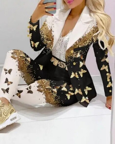 Kockás nyomtatott hajtóka gallér blézer és nadrág szett női 2db ruhák öltöny nadrág öltönyök tavaszi őszi divat alkalmi