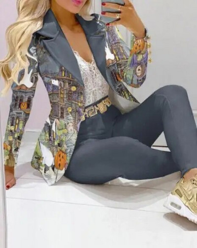 Kockás nyomtatott hajtóka gallér blézer és nadrág szett női 2db ruhák öltöny nadrág öltönyök tavaszi őszi divat alkalmi