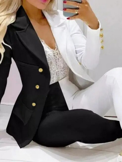 Kockás nyomtatott hajtóka gallér blézer és nadrág szett női 2db ruhák öltöny nadrág öltönyök tavaszi őszi divat alkalmi