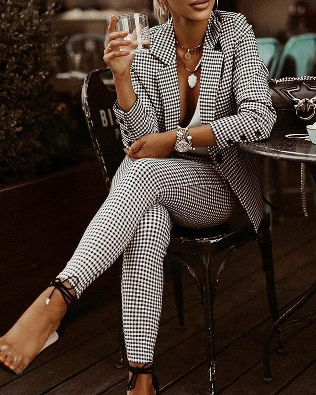 Kockás nyomtatott hajtóka gallér blézer és nadrág szett női 2db ruhák öltöny nadrág öltönyök tavaszi őszi divat alkalmi