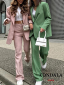 KONDALA 2023 Office Lady Solid női öltönyök 2 részes V nyakú, hosszú ujjú, túlméretezett blézer+magas derekú, széles szárú nadrág Vintage szettek