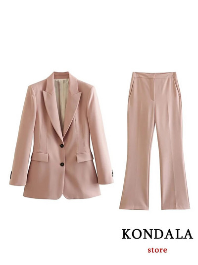 KONDALA 2023 Office Lady Solid női öltönyök 2 részes V nyakú, hosszú ujjú, túlméretezett blézer+magas derekú, széles szárú nadrág Vintage szettek