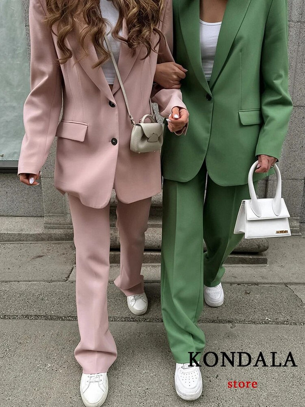 KONDALA 2023 Office Lady Solid női öltönyök 2 részes V nyakú, hosszú ujjú, túlméretezett blézer+magas derekú, széles szárú nadrág Vintage szettek
